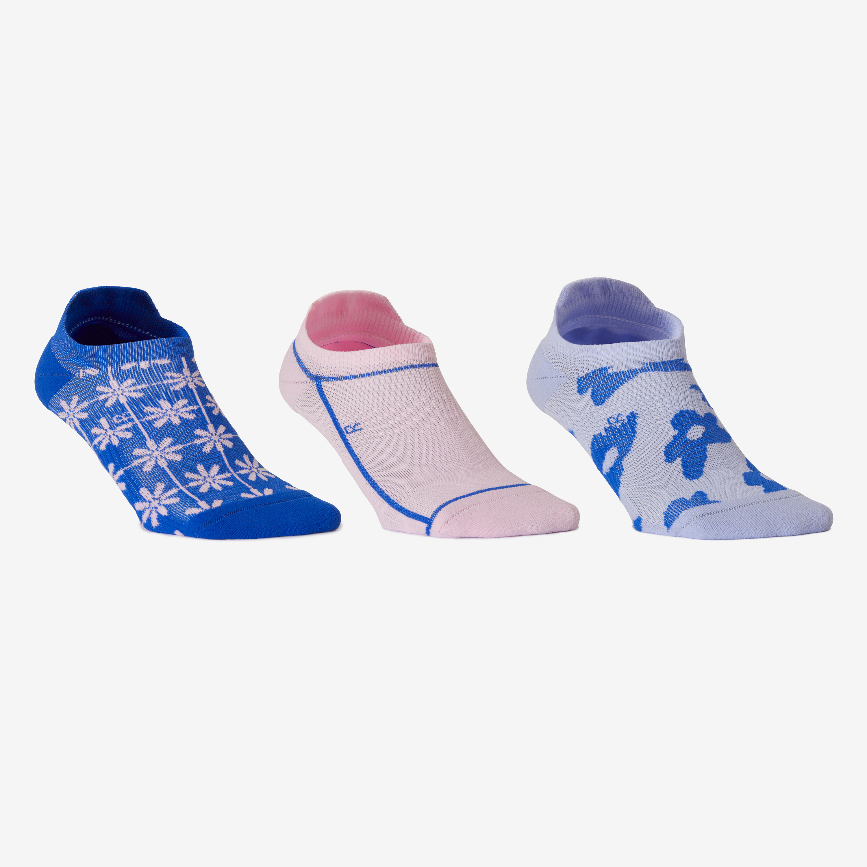 DOMYOS Fitness Cardio Training Invisible Socks Tri-Pack - Blue/Pink Print