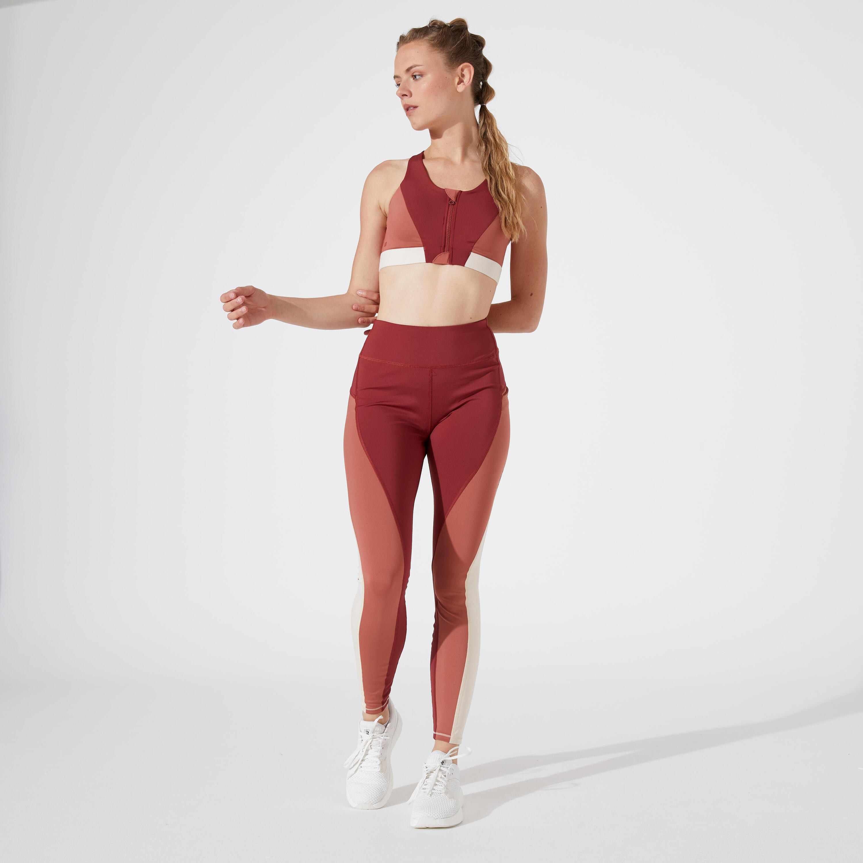 Women's Zipped Medium-Support Sports Bra - Burgundy, Sepia & Shell 2/4