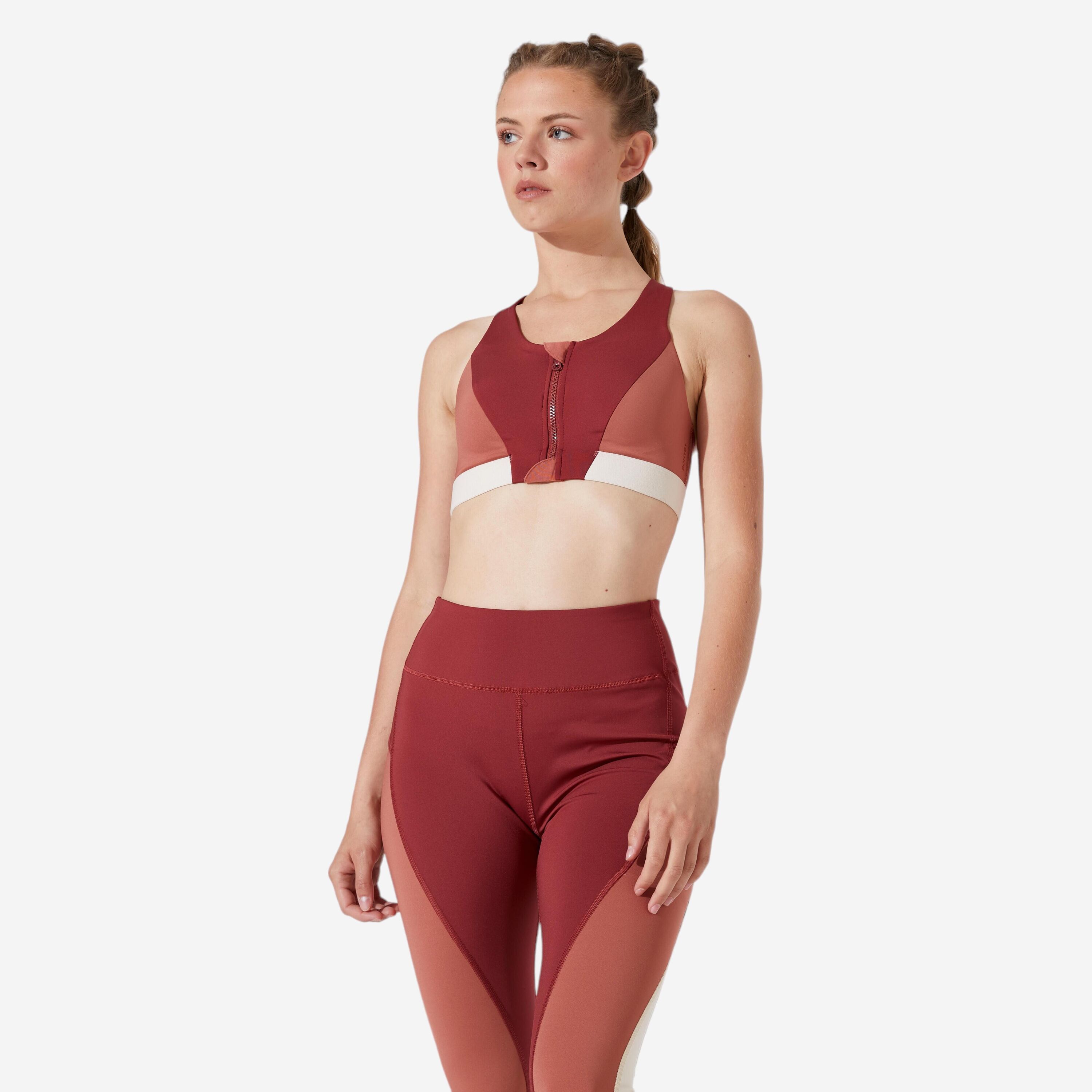 DOMYOS Women's Zipped Medium-Support Sports Bra - Burgundy, Sepia & Shell