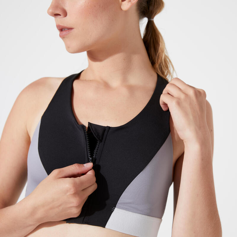 Women's Medium-Support Zipped Sports Bra - Black, Zinc Grey & Moon