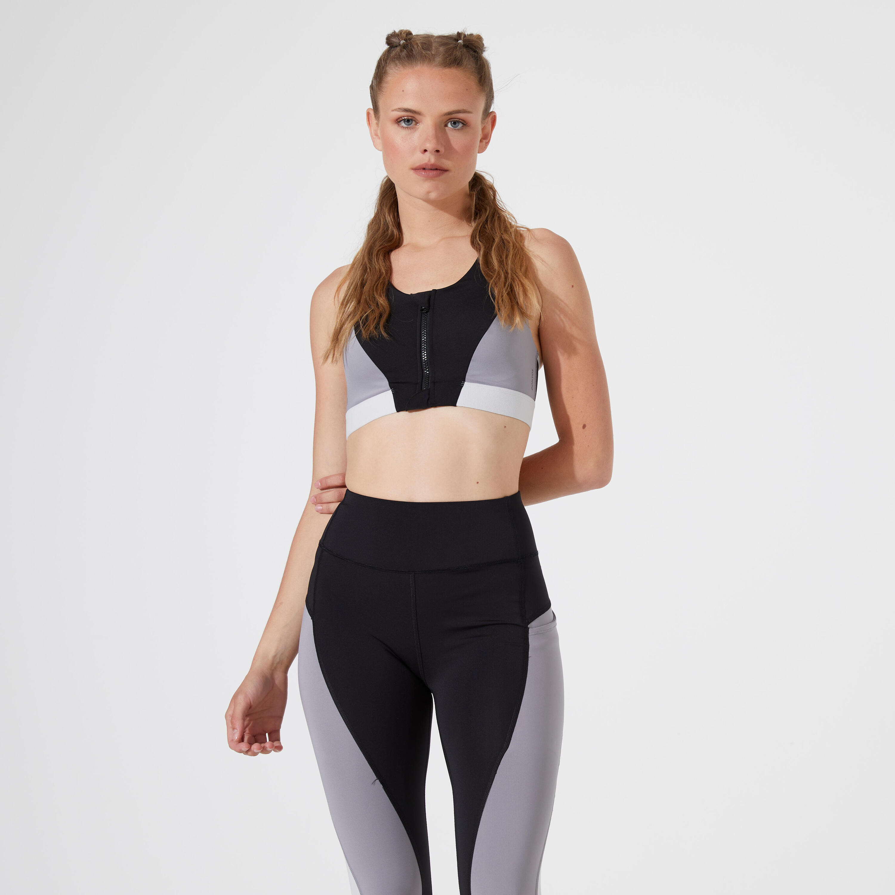 Women's Medium-Support Zipped Sports Bra - Black, Zinc Grey & Moon Grey 1/4