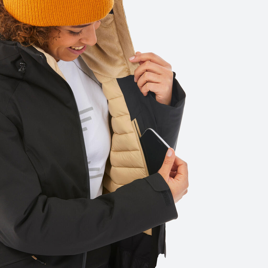 Veste de ski chaude et imperméable femme, 500 noir