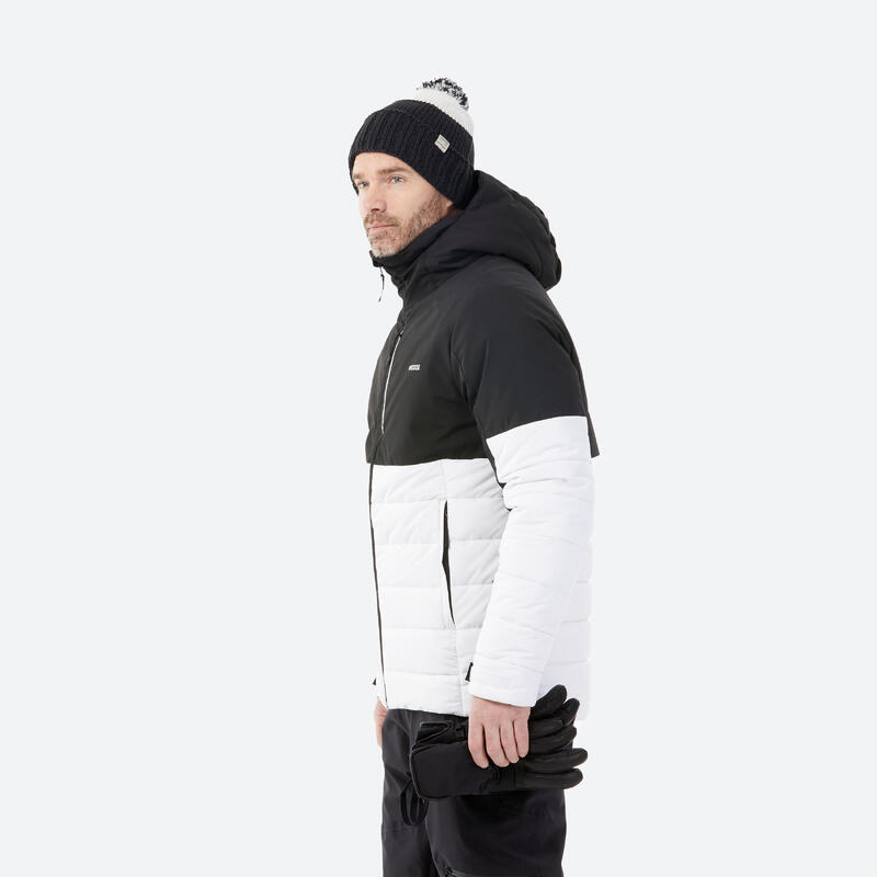 Warme halflange ski-jas voor heren 100 wit/zwart