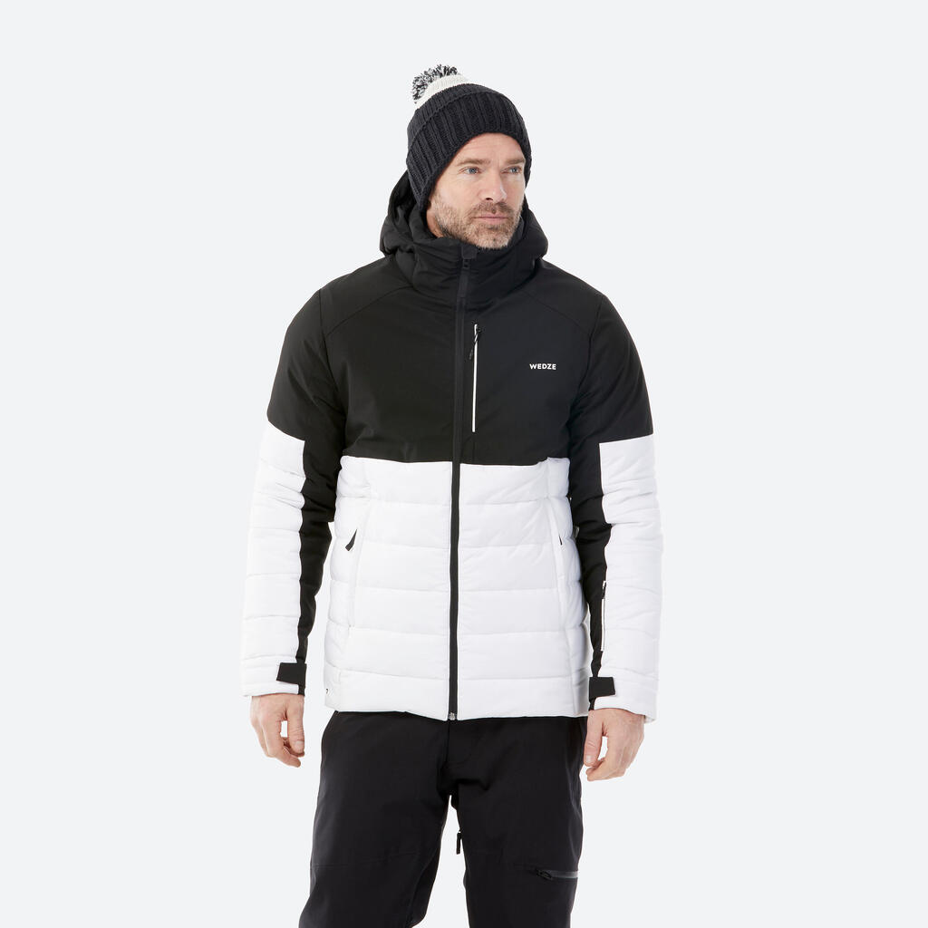 Pánska hrejivá lyžiarska bunda 100 stredne dlhá bielo-čierna