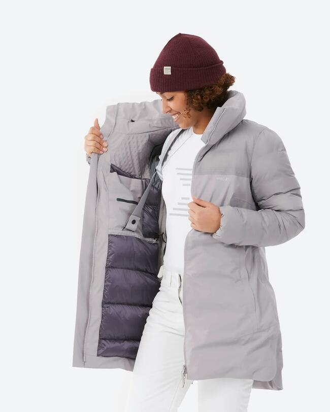 Women's long warm ski jacket 500 - light grey