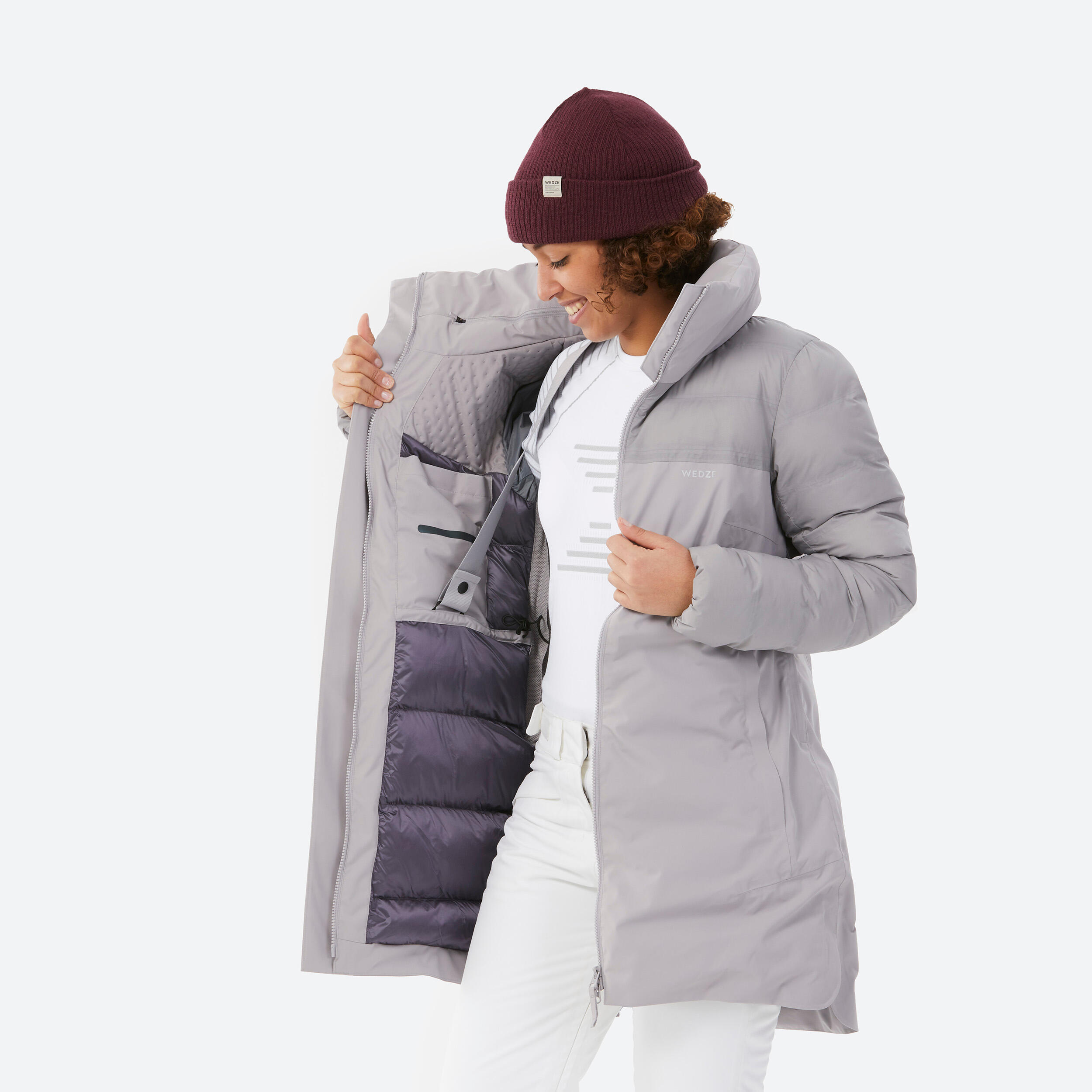 Women's long warm ski jacket 500 - light grey 7/7