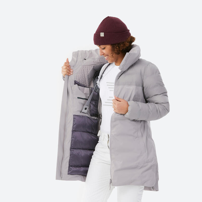 Casaco acolchoado de ski muito quente e comprido mulher, 500 WARM cinza claro