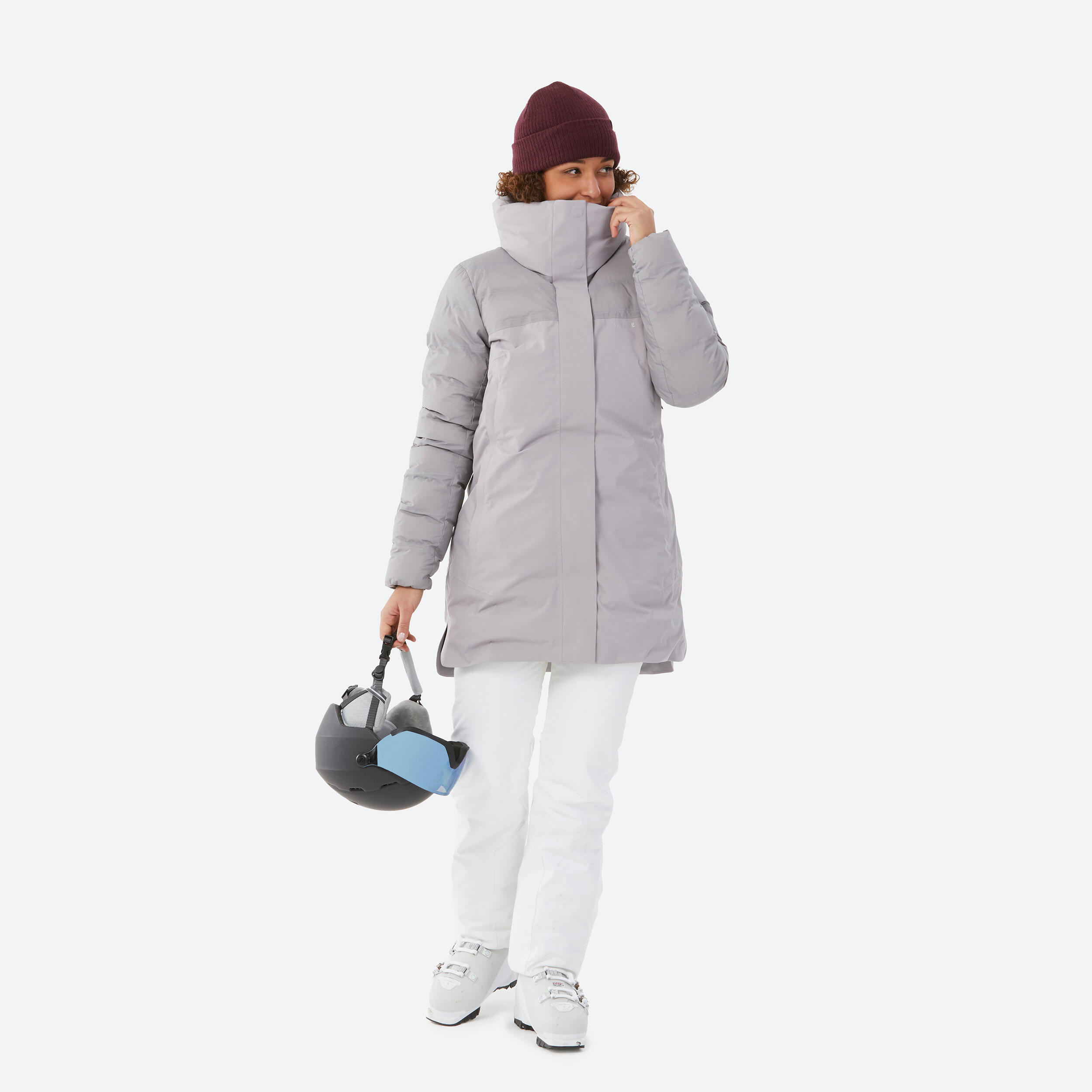 Women's long warm ski jacket 500 - light grey 6/7