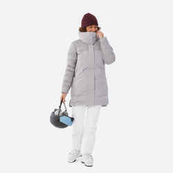 Women's long warm ski jacket 500 - light grey