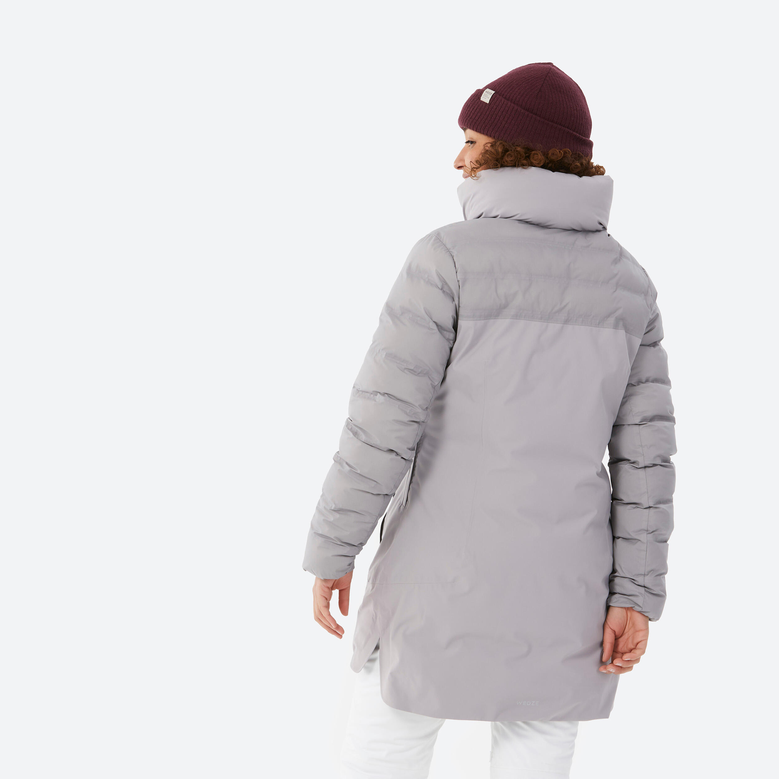 Women's long warm ski jacket 500 - light grey 5/7