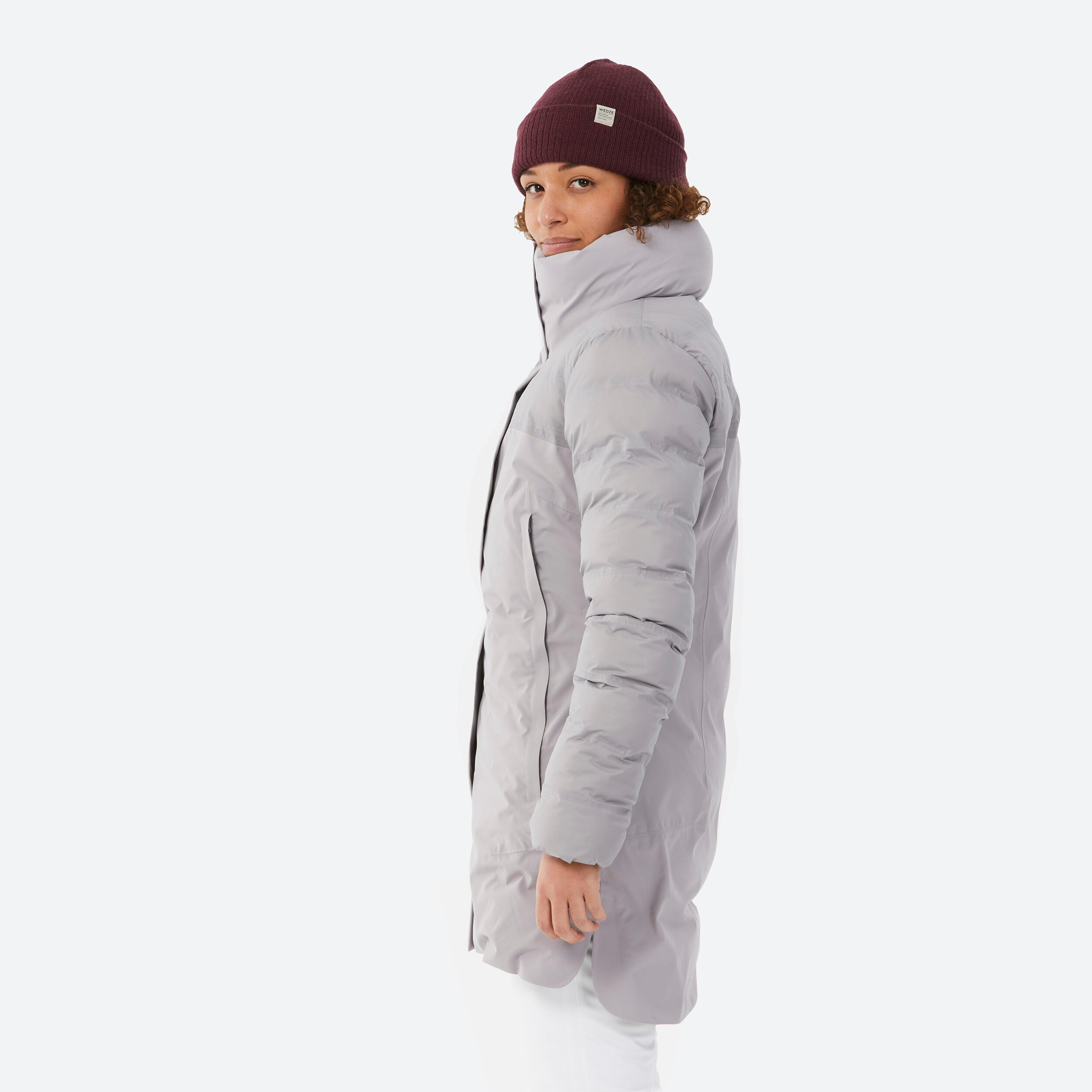 Women's long warm ski jacket 500 - light grey 4/7