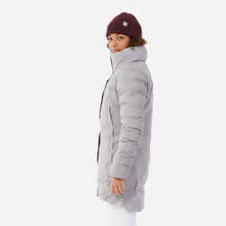 Women's long warm ski jacket 500 - light grey