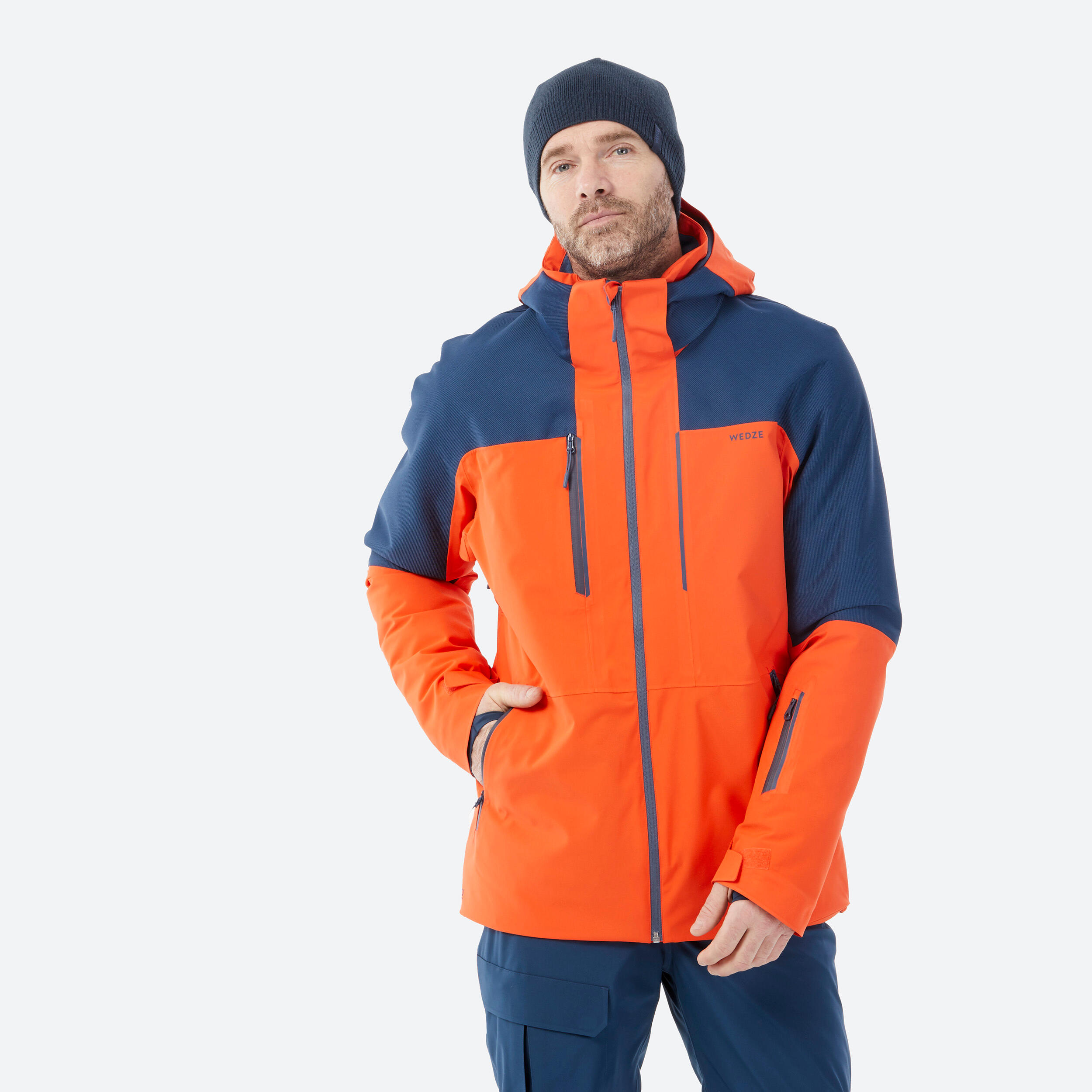 Men's waterproof and durable ski jacket, 500 SPORT orange and blue