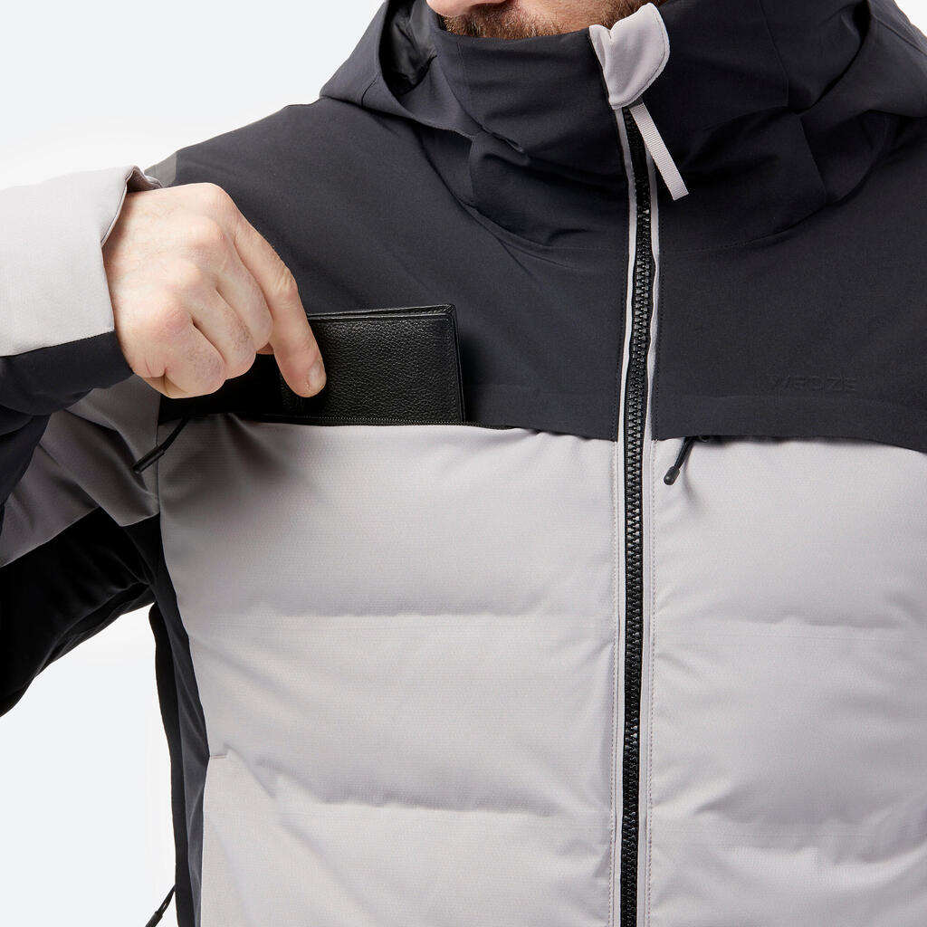 Pánska hrejivá lyžiarska prešívaná bunda 900 Warm sivo-čierna