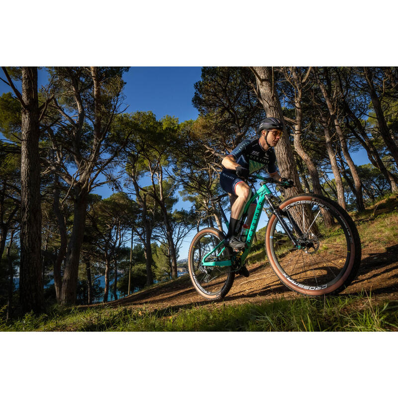 Culotte ciclismo MTB corto con tirantes hombre Rocktider XC azul y ocre -  Decathlon