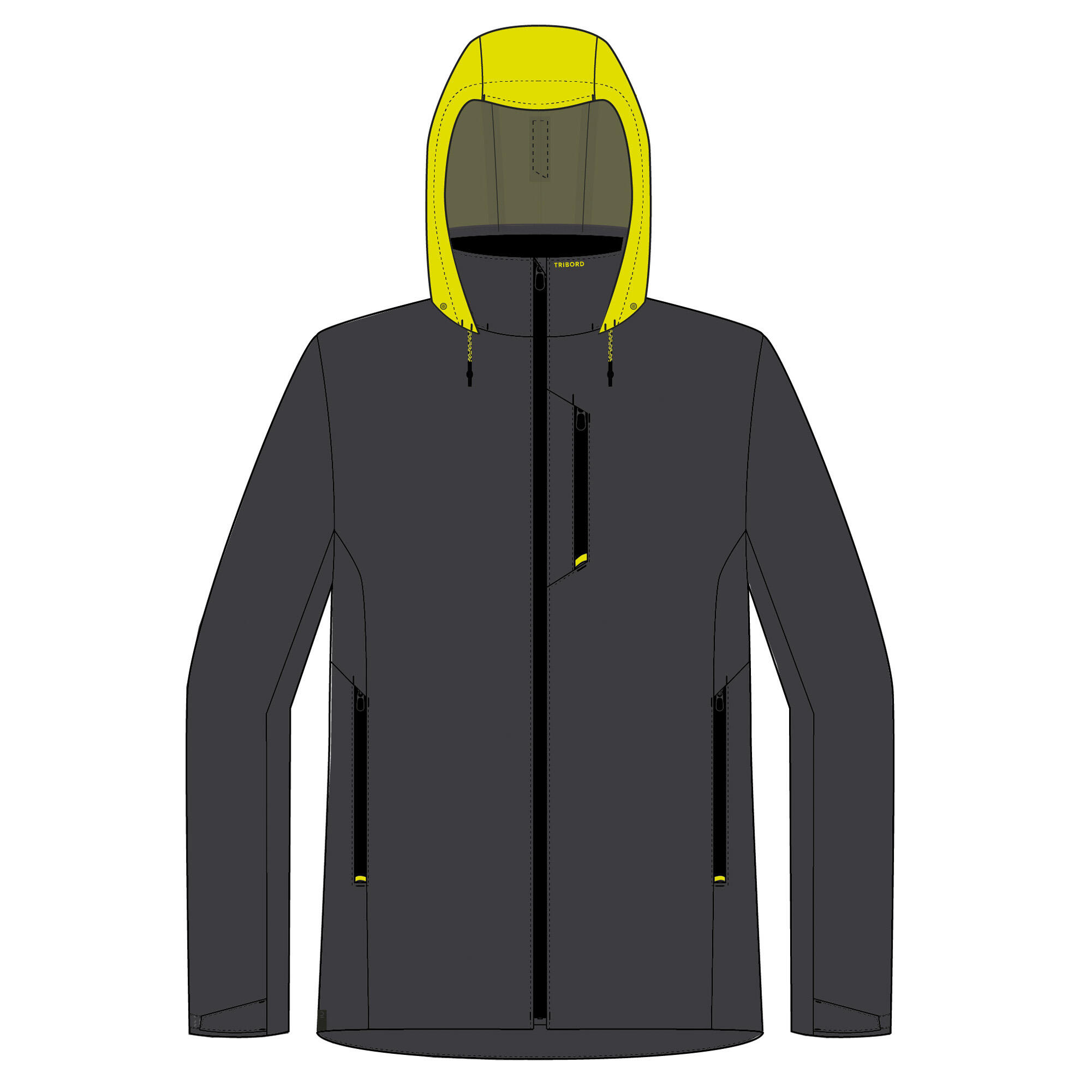 Veste imperméable coupe-vent de voile femme sailing 500 gris foncé capuche jaune 63/71