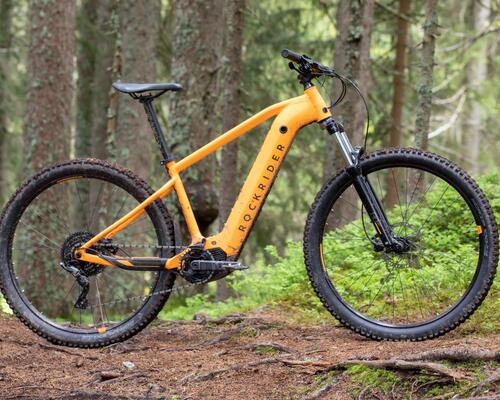 Rower elektryczny mtb stojący w lesie