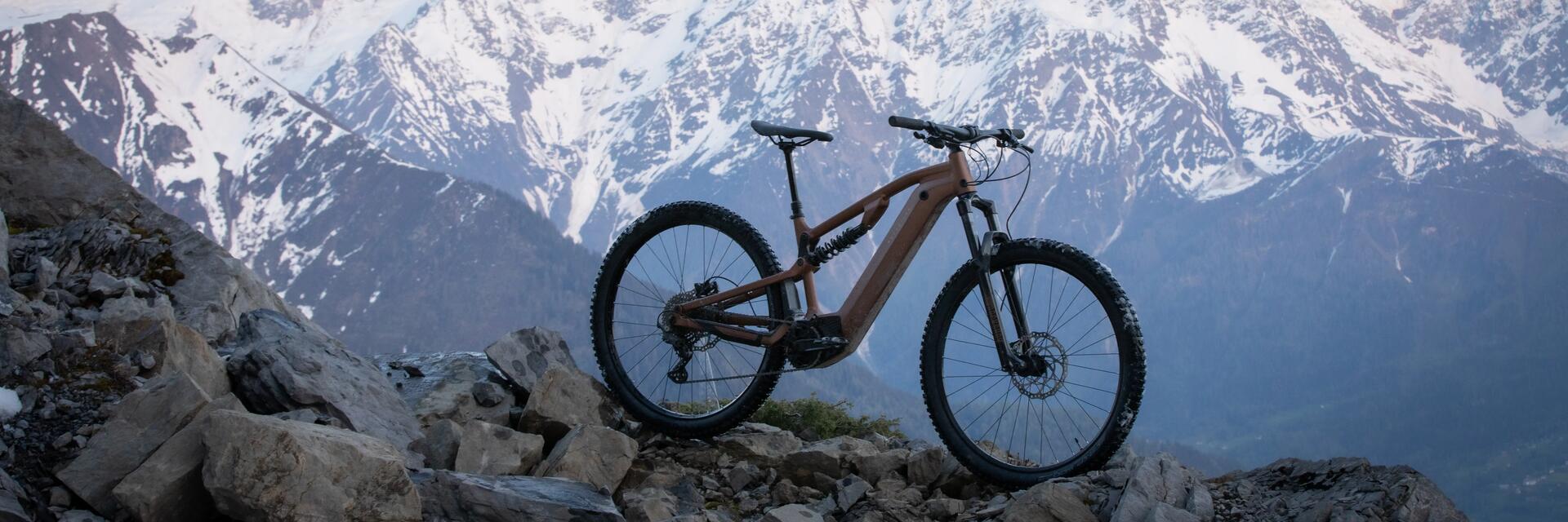 Ein E-Bike steht vor den Bergen