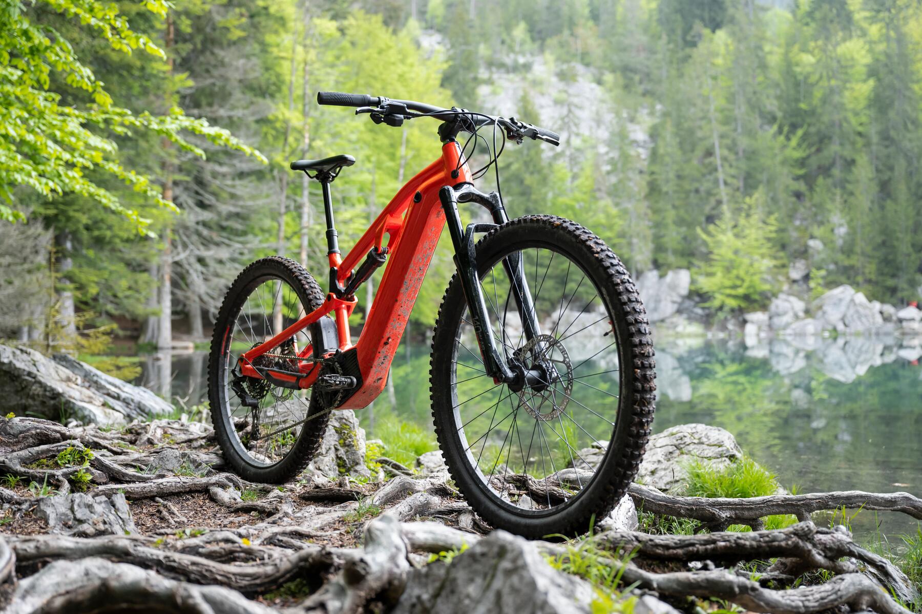 Orangenes E-Bike steht vor einem Bergsee
