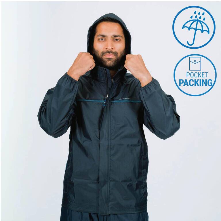 Men Full Zip Rain Jacket with Storage Pouch Blue - NH100