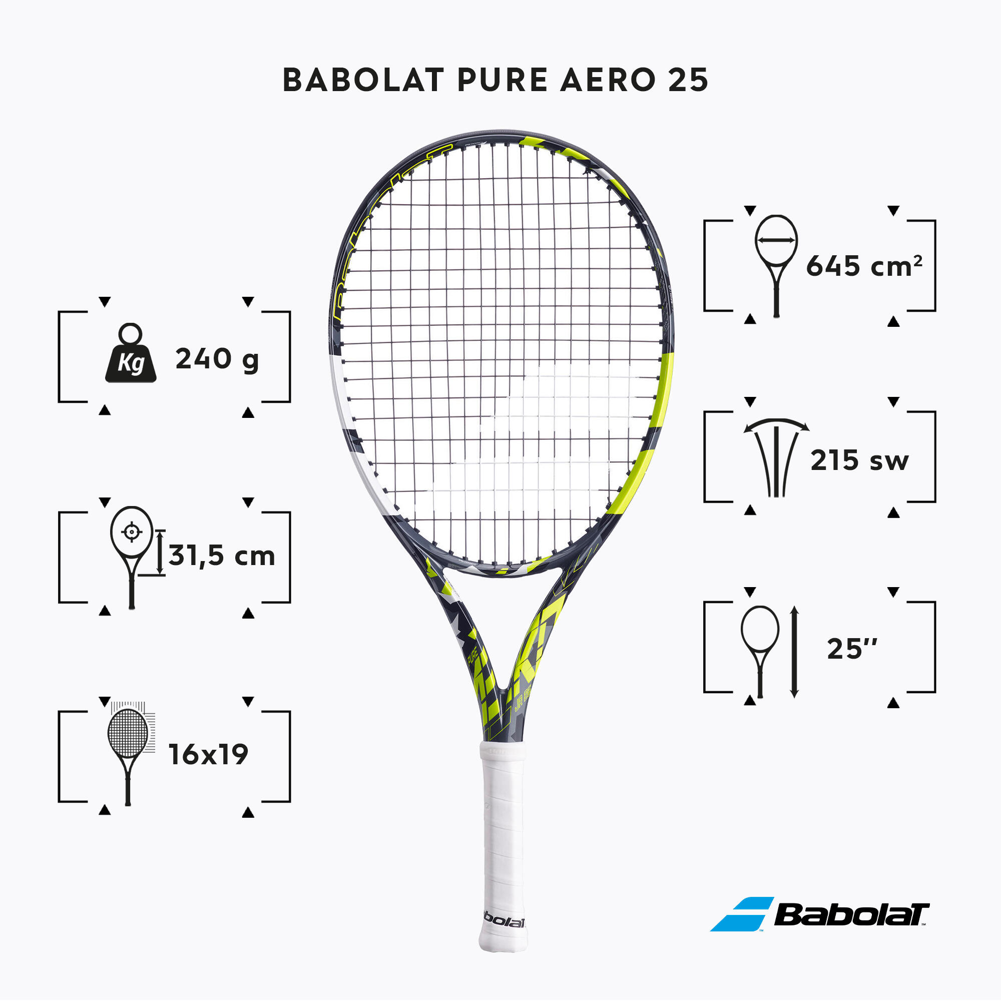 RAQUETE DE TÉNIS PURE AERO 25 CRIANÇA PRETO AMARELO  2/7