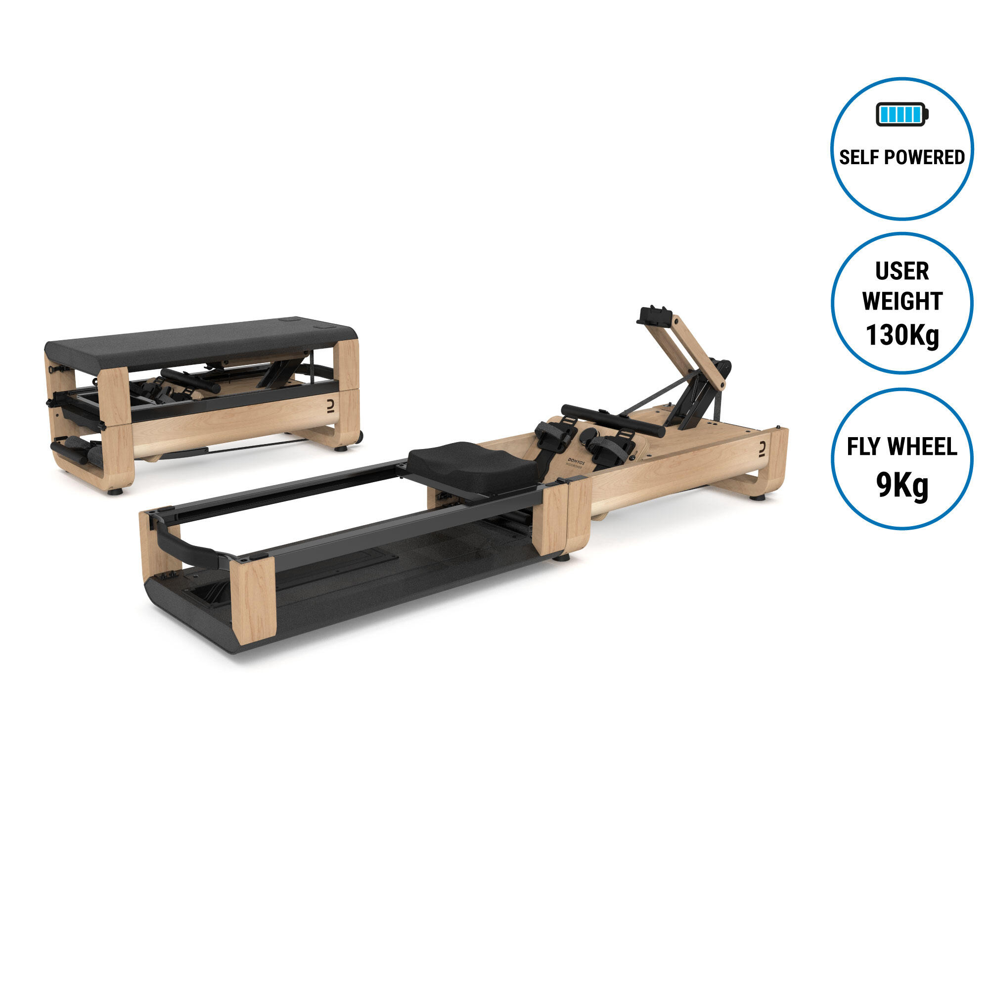 Rowing Machine Woodrower, Self Powered, Compact, Smart, 9 kg Flywheel, Quiet