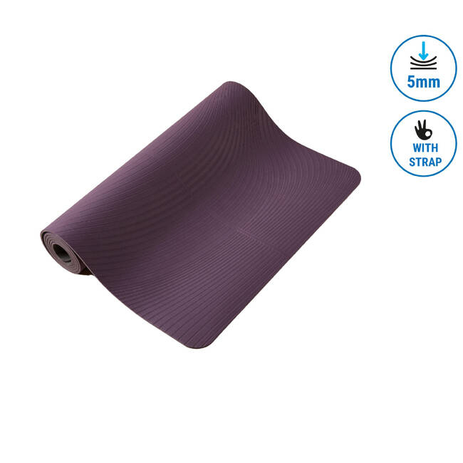 Yoga Mat, 5 mm thick, 185 x 61 cm, with Strap, Foam - Purple, For