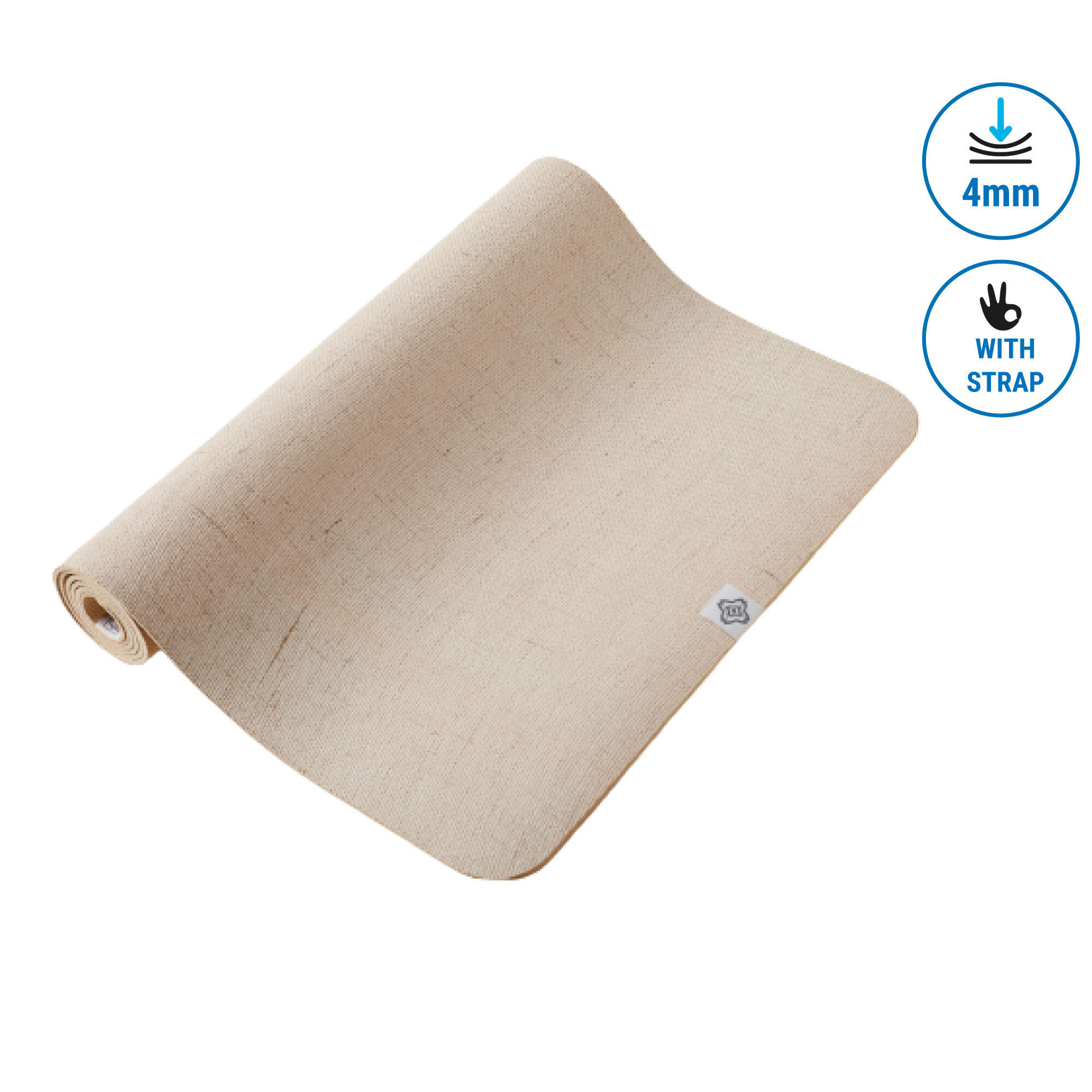 Yoga Mat, 4 mm thick, 183 x 61cm, with Strap, Jute and Natural