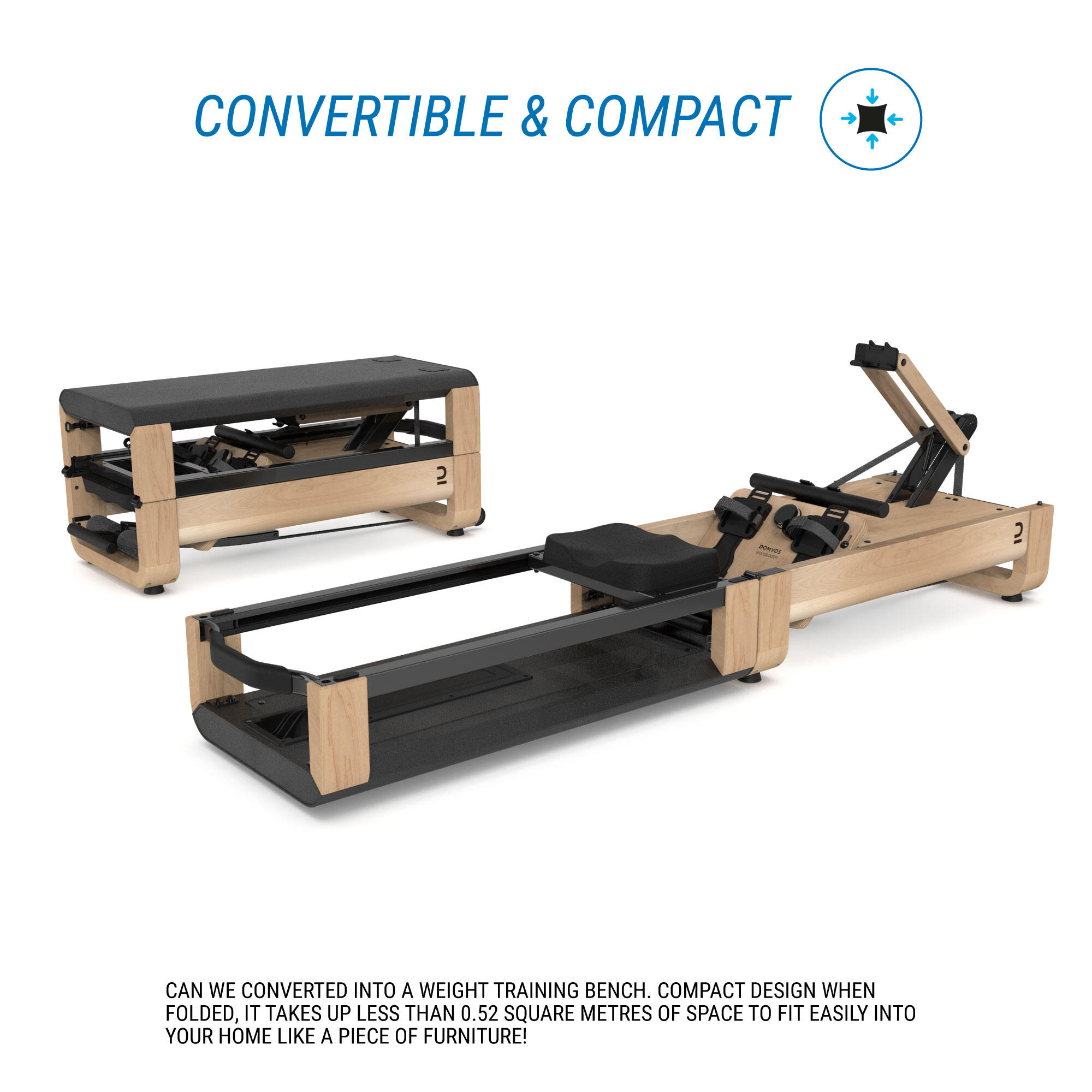 Rowing Machine Woodrower, Self Powered, Compact, Smart, 9 kg Flywheel, Quiet