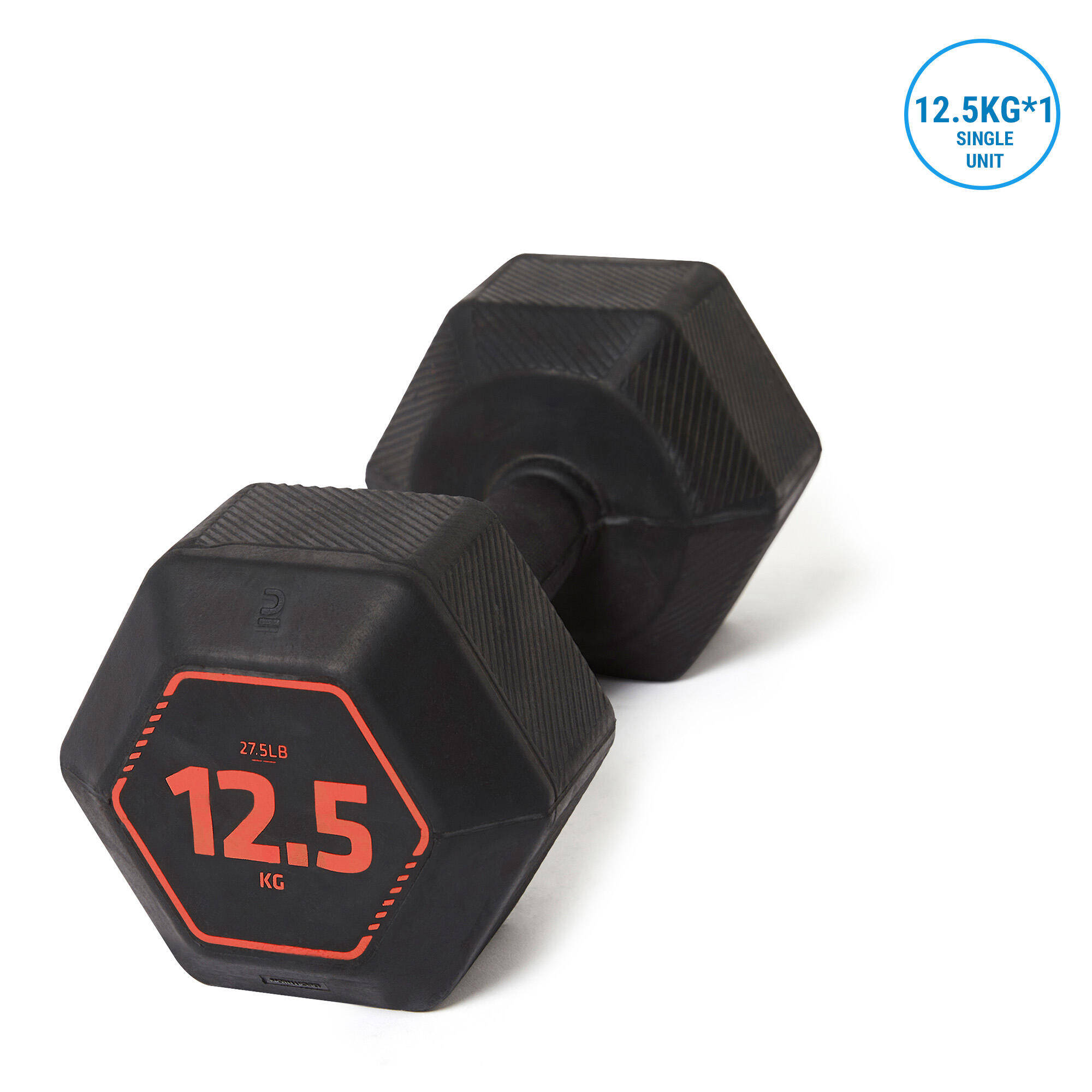 Hex Dumbbell 12.5kg, Rubber and Recycled Cast Iron with Ergonomic Grip - Black -  1