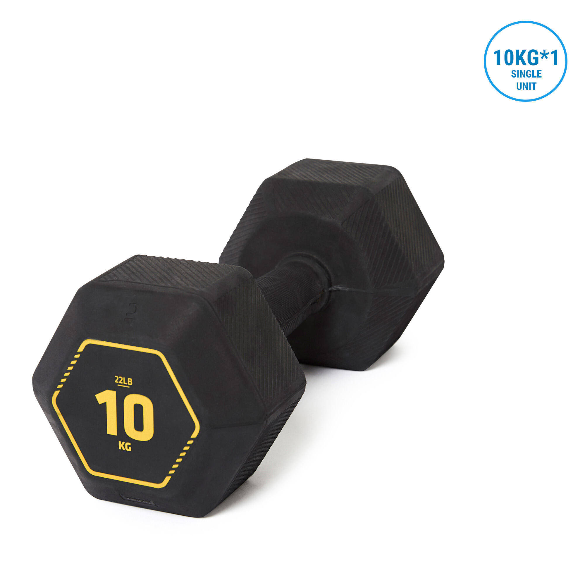 Hex Dumbbell 10 Kg, Rubber and Recycled Cast Iron with Ergonomic Grip - Black