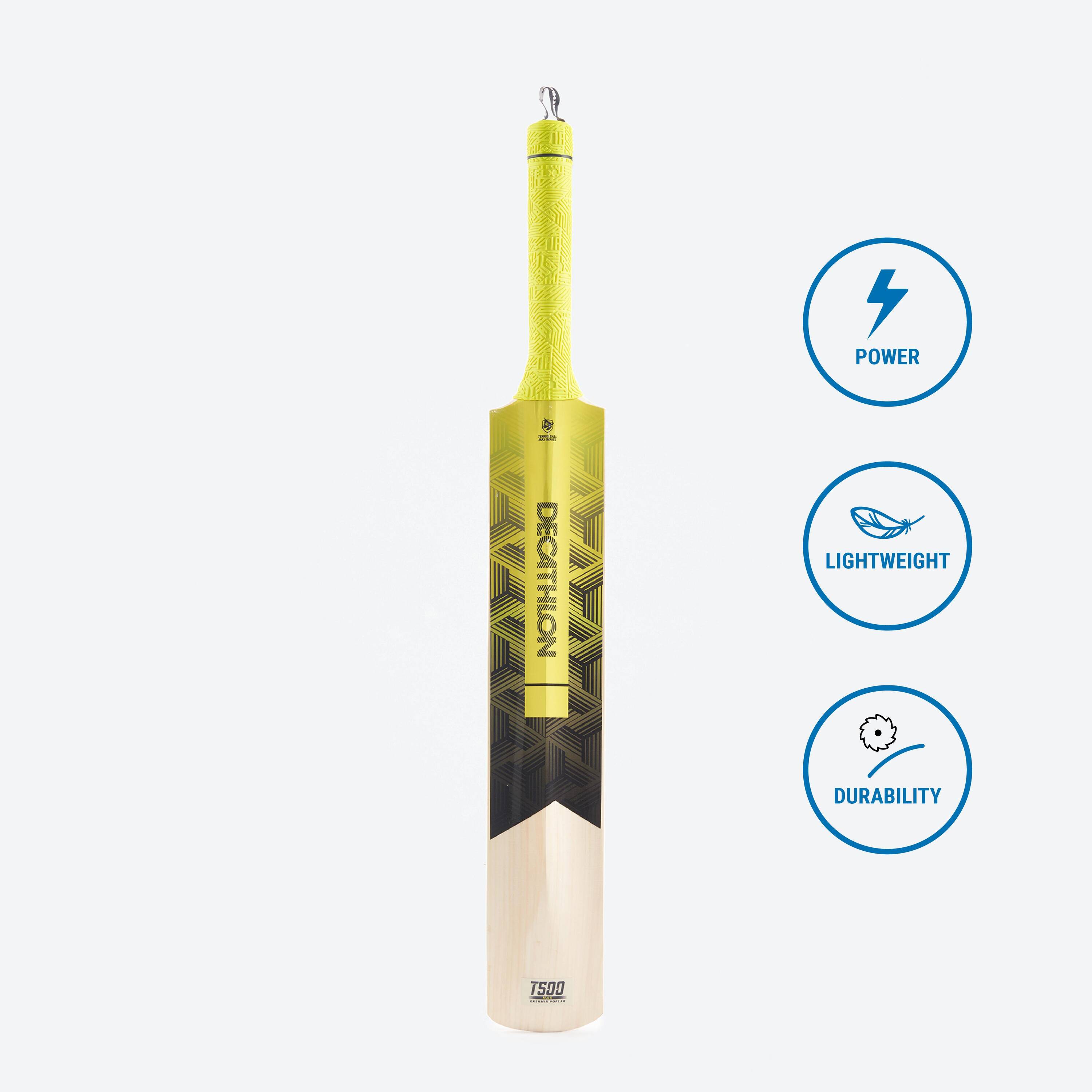 Kids Kashmir Poplar Wood Cricket Bat Size 5 Solid Drek Soft & Medium for Tennis Ball T500 Max - Lime & Green -  5