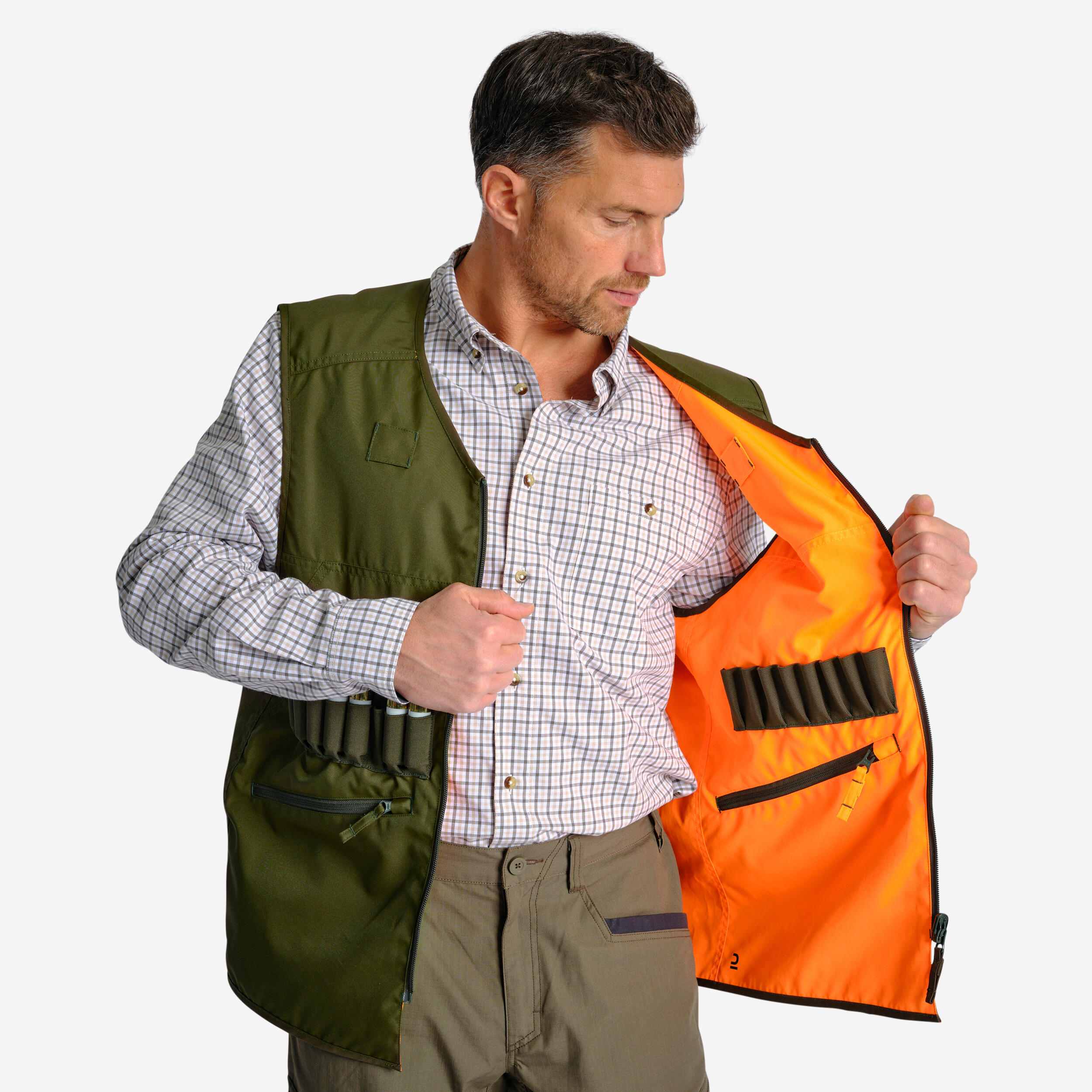 Solognac - Gilet Chasse Réversible 500 Fluo/vert - Gilet Sans Manche - Chasse Et Tir Sportif - Marron-orange-vert - 40m - Decathlon