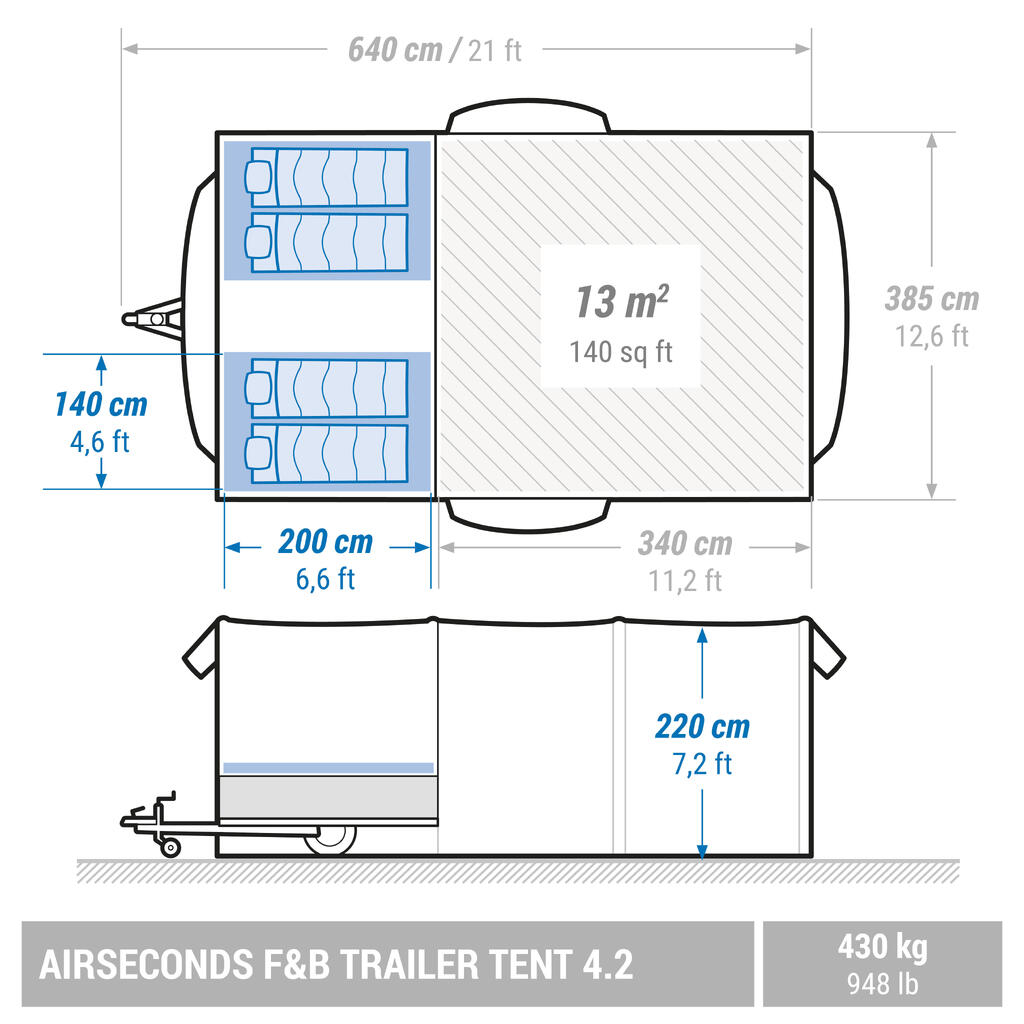 Φουσκωτή σκηνή-τροχόσπιτο κάμπινγκ - Airsecond 4.2 F&B - 4 ατόμων - 2 δωματίων