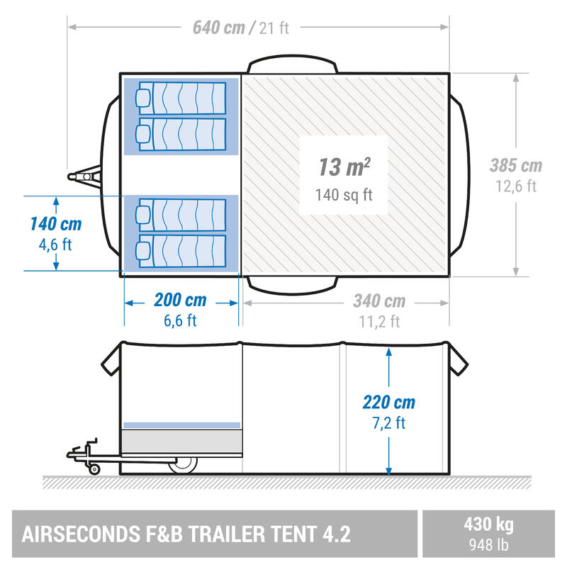 Tenda de campismo insuflável reboque - Airsecond 4.2 F&B - 4 Pessoas - 2 Quartos