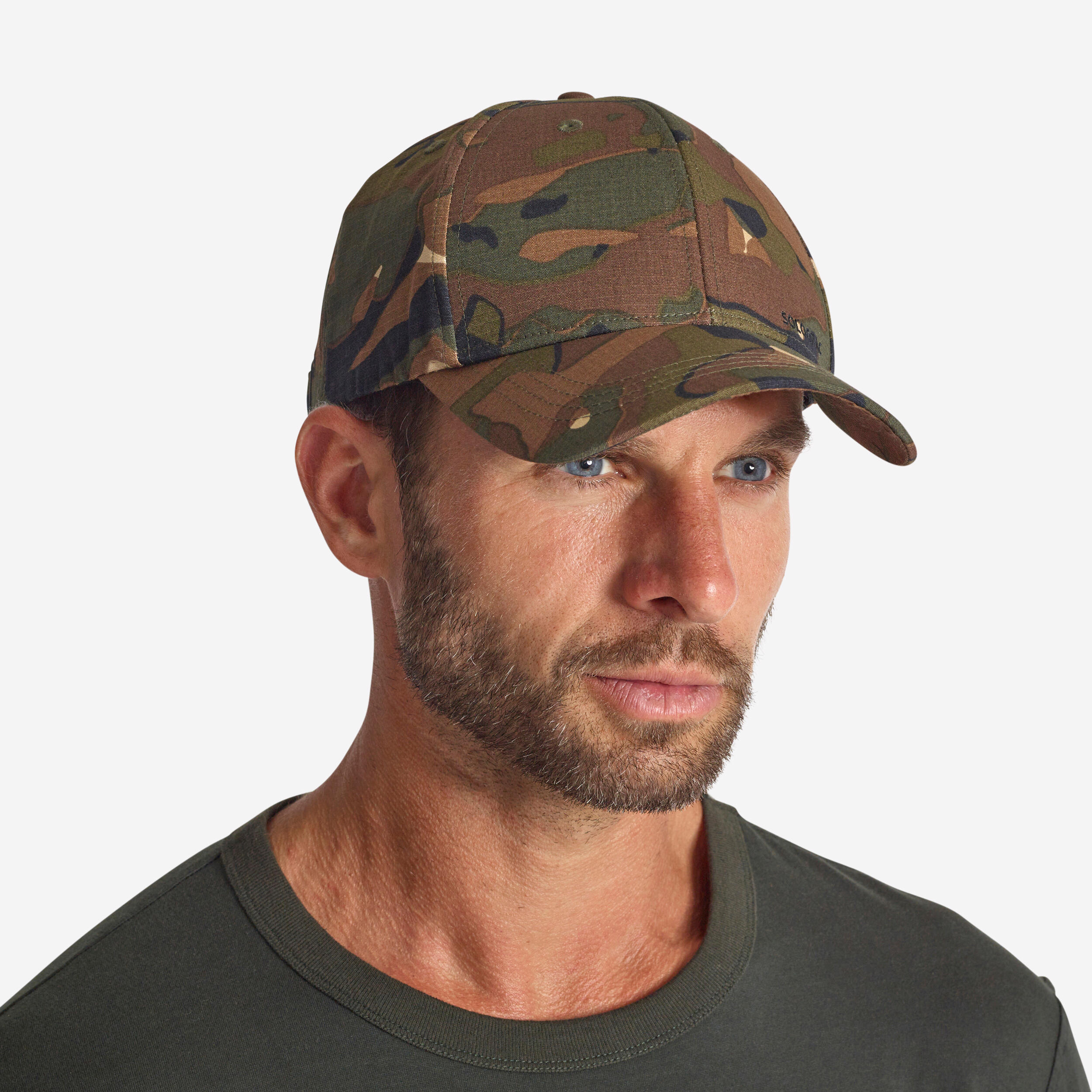 SOLOGNAC Durable Country Sport Cap 500 - Woodland Camo Green And Brown