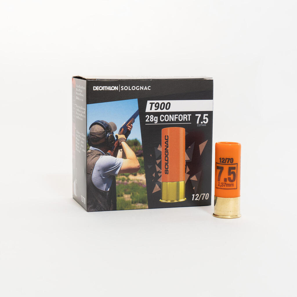 Clay Pigeon Shooting Cartridge T900 Comfort 28g 12 Gauge 70mm 7.5 Shot x25