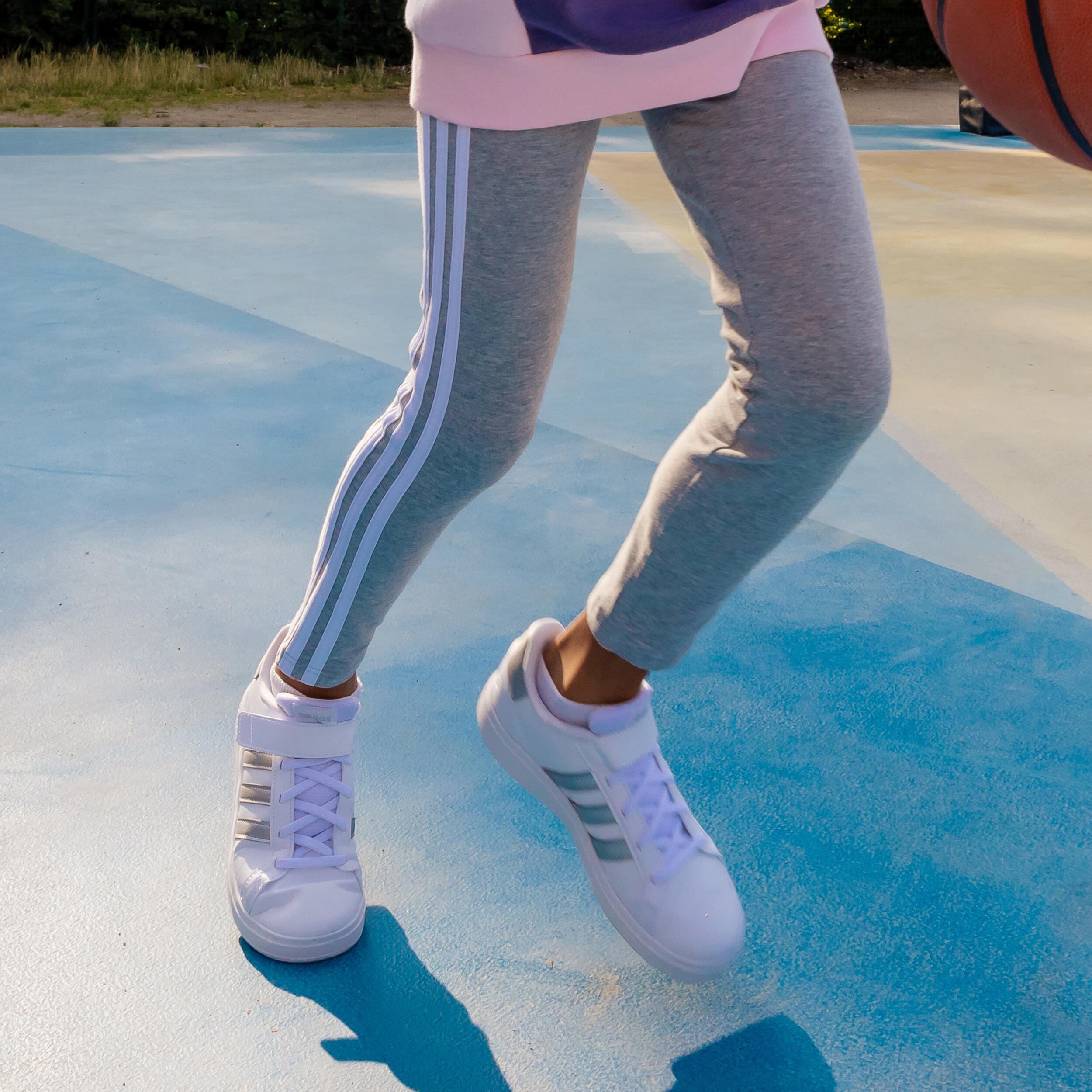 Leggings bambina ginnastica ADIDAS 3 STRISCE misto cotone grigi 6/8