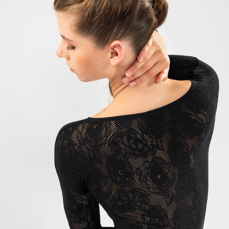 Justaucorps danse en dentelle noir manches longues femme, noir