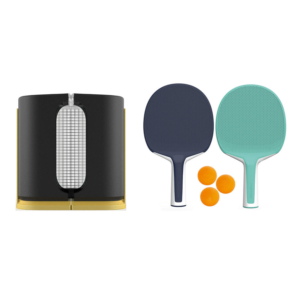 Set filet de ping pong rollnet petites surfaces + 2 raquettes PPR100 + 2 balles
