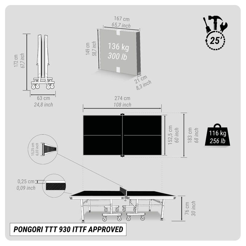 Masă Tenis de Masă TTT930 certificată ITTF Suprafețe Albastre 
