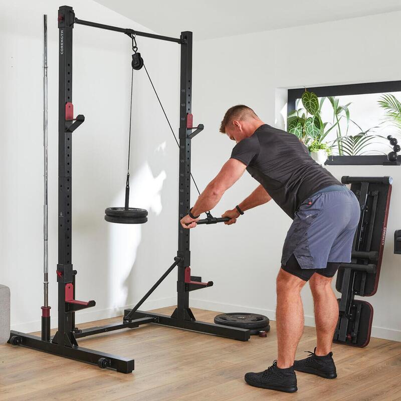 Station poulie de musculation avec barre de tirage, support disque et filet