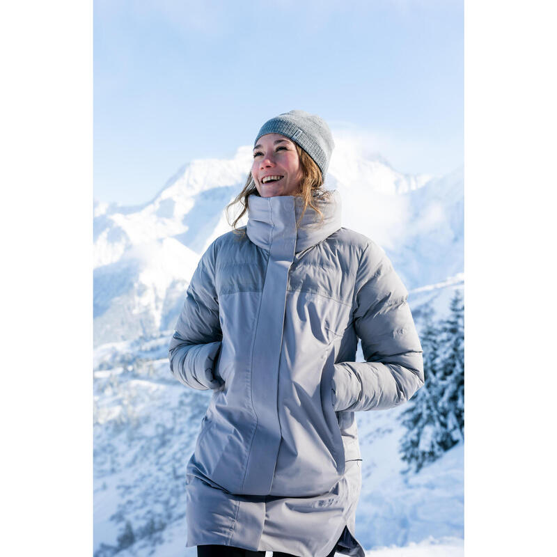 Casaco acolchoado de ski muito quente e comprido mulher, 500 WARM cinza claro