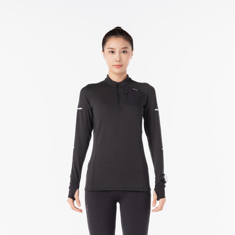 WOMEN'S LONG SLEEVED KIPRUN WARM LIGHT RUNNING T SHIRT - BLACK