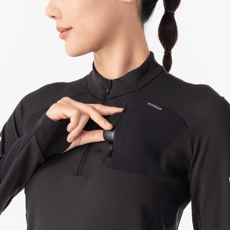女款輕量保暖跑步長袖 T 恤 KIPRUN－黑色