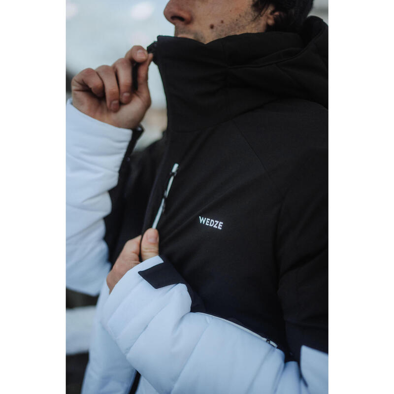 Warme halflange ski-jas voor heren 100 wit/zwart