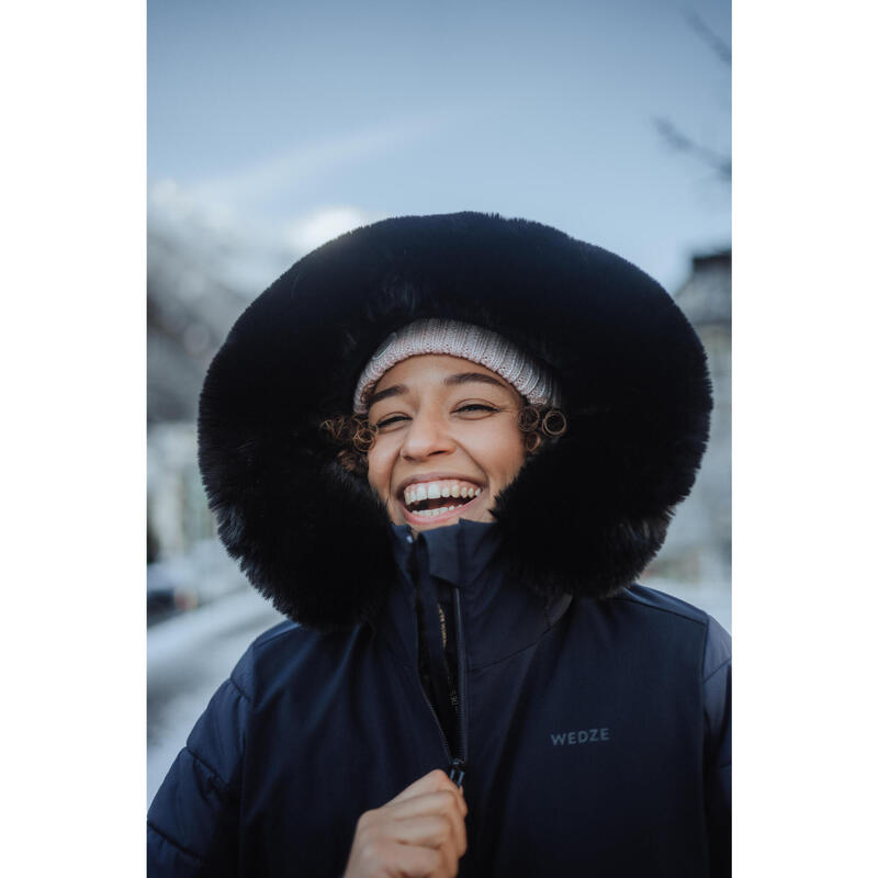 Veste de ski chaude mi-longue femme, 100 bleu marine