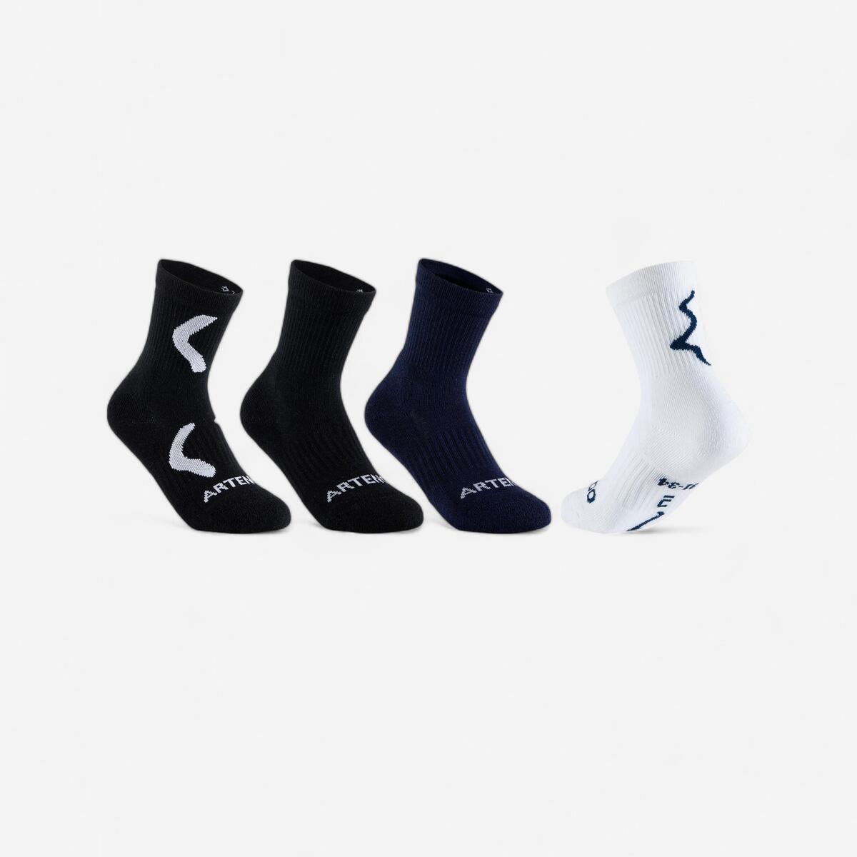 CHAUSSETTES DE TENNIS HAUTES ENFANT ARTENGO RS 300 BLANC MARINE MOTIFS LOT DE 4