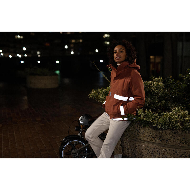 Chaqueta Ciclismo Urbano 540 Mujer Negro Visibilidad Nocturna Cálida Impermeable