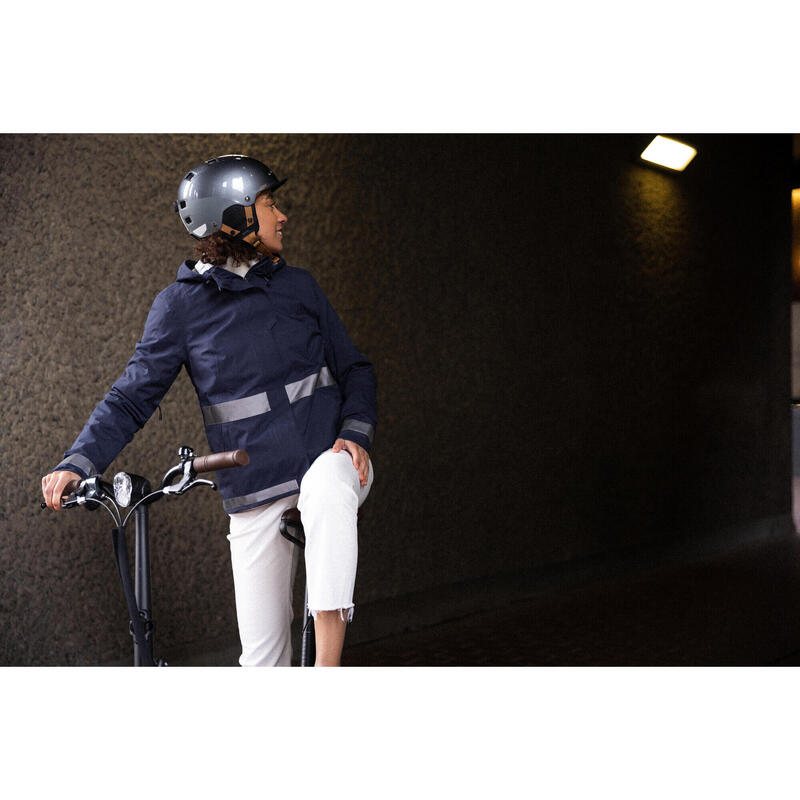 Chaqueta Ciclismo Urbano 540 Mujer Azul Marino Visibilidad Nocturna Impermeable